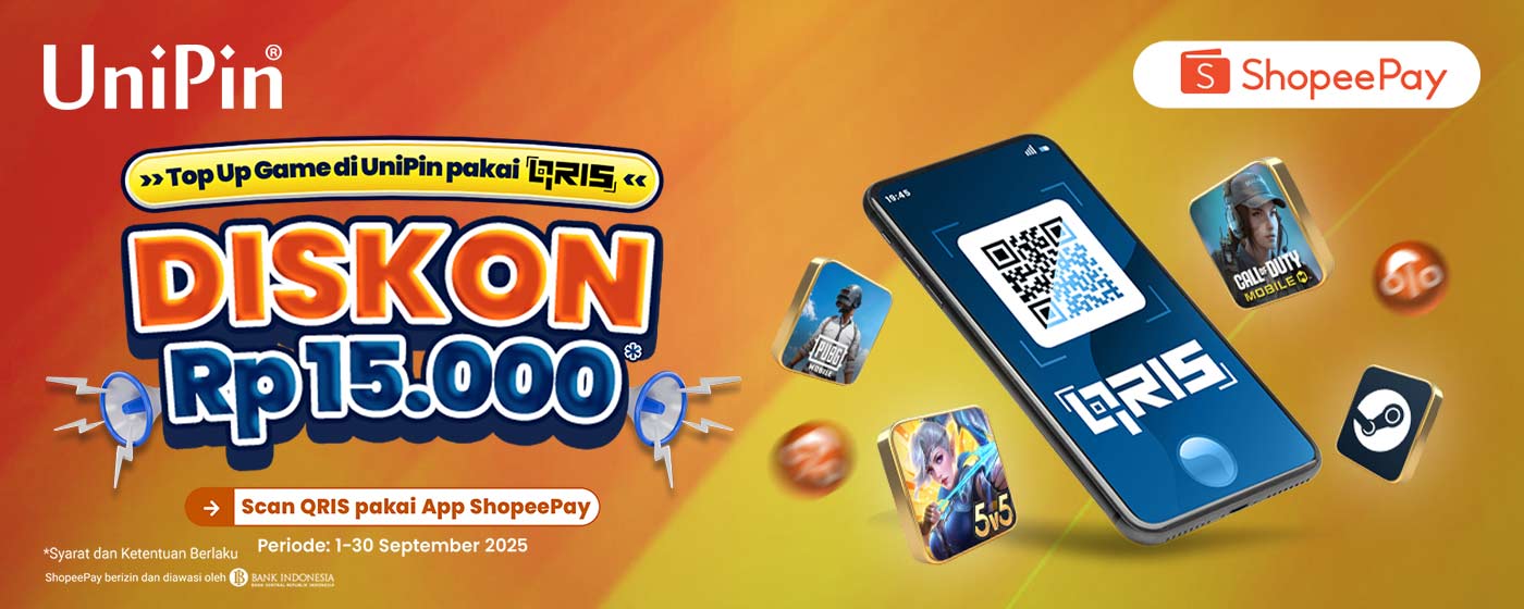 Diskon Rp 15.000 Tiap Top Up Game Favoritmu Pakai QRIS ShopeePay!